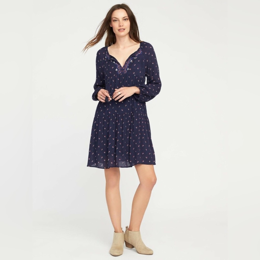 Old Navy Embroidered Bohemian Crinkle Navy Print Gauze Long Sleeve Swing dress
